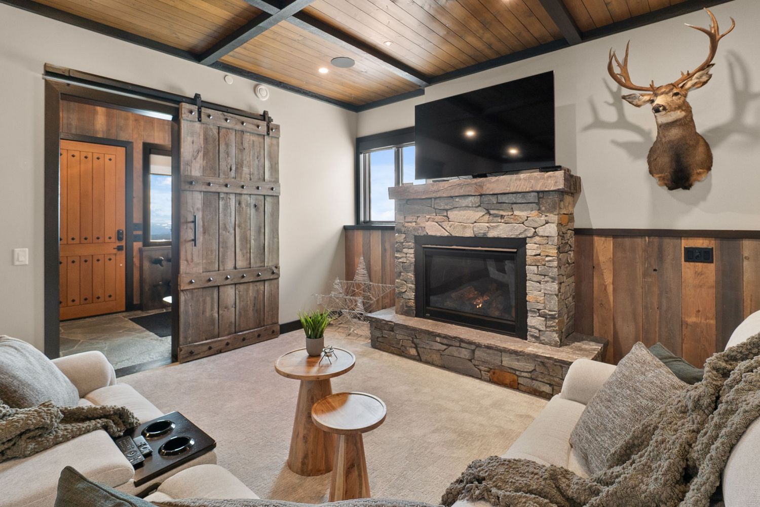 Reclaimed wood barn door and barnwood cladding